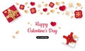 Happy Valentines day banner. Gold and red paper hearts, flowers, leaves, gift box, confetti. Royalty Free Stock Photo