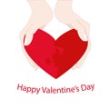 Happy Valentines Day banner. Puzzle red heart in hands on white background congratulation card