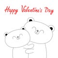 Happy Valentines day. Bear hugging couple family. Hug, embrace, cuddle. White contour silhouette. Cute kawaii funny cartoon