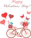 Happy Valentines Day beautiful greeting card with bicycle, baloon, wine, heart. Vector illustration Royalty Free Stock Photo