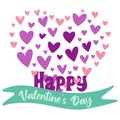 Happy Valentines Day. Big heart made of smaller pink and purple hearts. Heart and green ribbon