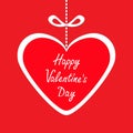 Happy Valentines Day. Big paper heart hangin on dash line with bow. Greeting card. Flat design. Red background.