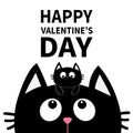 Happy Valentines Day. Black cat face silhouette looking up. Baby kitten hanging on the head. Cute cartoon character. Pet adoption