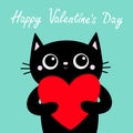 Happy Valentines Day. Black cat holding big red heart. Cute cartoon character. Kitty kitten. Funny Kawaii animal. Baby card. Pet Royalty Free Stock Photo