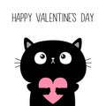 Happy Valentines Day. Black cat kitten kitty holding pink heart. Cute cartoon kawaii funny animal baby character. Love card. Flat Royalty Free Stock Photo