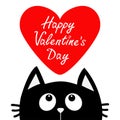 Happy Valentines Day. Black cat looking up to big red heart. Cute cartoon character. Kawaii animal. Love Greeting card. Royalty Free Stock Photo