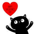 Happy Valentines Day. Black cat looking up to big red heart. Heart set. Cute cartoon character. Kawaii animal. Love Greeting card Royalty Free Stock Photo