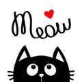 Happy Valentines Day. Black cat looking up to red heart. Meow lettering text. Cute cartoon character. Kawaii animal. Love Greeting Royalty Free Stock Photo