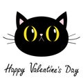 Happy Valentines Day. Black cat round head face icon. Big yellow eyes. Pink nose, ears. Cute funny cartoon character. Kitty Royalty Free Stock Photo