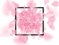 Happy Valentines Day black square frame with pink sacura petals falling on white background. Vector rose flower 3D romantic Royalty Free Stock Photo