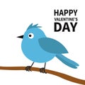 Happy Valentines Day. Blue bird on the tree branch. Happy Valentines Day. Love Greeting card. Cute cartoon kawaii funny baby Royalty Free Stock Photo