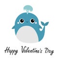 Happy Valentines Day. Blue whale with water fountain toy icon. Sea ocean life. Cute cartoon kawaii funny character. Smiling face. Royalty Free Stock Photo