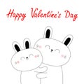 Happy Valentines day. Bunny rabbit hare hugging couple family. Hug, embrace, cuddle. White contour silhouette. Cute kawaii funny