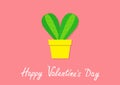 Happy Valentines Day. Cactus heart icon in flower pot. Desert prikly thorny spiny plant. Minimal flat design. Bright green housepl Royalty Free Stock Photo