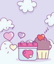 Happy valentines day, calendar and sweet cupcake hearts cloud