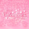 Happy Valentines Day calligraphy hand lettering on soft pink background with 3d hearts confetti. Easy to edit vector template for Royalty Free Stock Photo