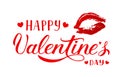 Happy Valentines Day calligraphy lettering with red lipstick kiss isolated on white. Imprint of the lips. Vector template for