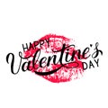 Happy Valentines Day calligraphy lettering with red lipstick kiss isolated on white. Vector template for Valentine s day greeting