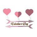 Happy valentines day card arrow hanging hearts shadow