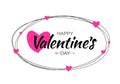 Happy Valentines Day card design. Scribble lines oval with hand drawn isolated on white background with pink hearts. Royalty Free Stock Photo