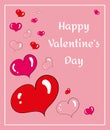 Happy valentines day card in doodle style with hearts of different colors. Square frame. Holidays of youth. Greeting