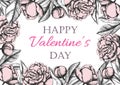 Happy Valentines Day card with hand drawn botanical peony illustration Royalty Free Stock Photo