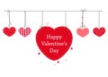 Happy Valentines Day card with hanging Love Valentines hearts vector background. Happy Valentine`s Day text vector