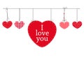 Happy Valentines Day card with hanging Love Valentines hearts vector background. I love you text vector Royalty Free Stock Photo