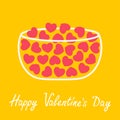 Happy Valentines day card. Love glass bowl line cup icon. Pink heart set inside. Cute decoration element. Flat design. Yellow