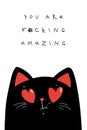 happy valentines day card or poster with sarcastic black cat, vector handdrawn illustration Royalty Free Stock Photo