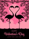Happy Valentines day card template with Silhouette flamingos and branch on pink background vector design