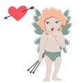 Happy Valentines day card vector illustration. Cupid, hearts, candies, diamonds Royalty Free Stock Photo