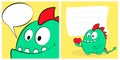 Happy valentines day cards with cute cartoon monster dragon, heart, speech bubble.