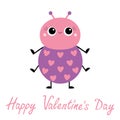 Happy Valentines Day. Cartoon beetle bug. Insect animal. Pink heart set. Cute kawaii smiling baby character. Lady bug. Ladybird.