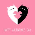 Happy Valentines day. Cat heart set. Hugging couple family holding heart. Hug, embrace, cuddle. Black White Yin Yang kitty kitten Royalty Free Stock Photo