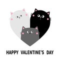 Happy Valentines day. Cat heart set. Mother, father, bay. Couple family. Black White Yin Yang kitty kitten. Cute cartoon kawaii