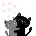 Happy Valentines day. Cat hugging couple family. Pink heart set. Hug, embrace, cuddle. Black Gray contour kitty kitten. Cute funny Royalty Free Stock Photo