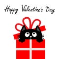 Happy Valentines Day. Cat inside red giftbox with bow. Cute cartoon kawaii funny animal. Kitten looking up. Kitty holding gift