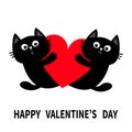 Happy Valentines Day. Cat kitten kitty family couple holding big red heart. Cute cartoon kawaii funny animal character. Flat Royalty Free Stock Photo