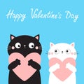 Happy Valentines Day. Cat love couple boy girl kitten head face holding big pink heart. Cute cartoon kawaii funny kitty animal Royalty Free Stock Photo