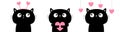 Happy Valentines Day. Cat set holding pink heart, looking at hearts. Black kitten kitty. Cute cartoon kawaii funny animal baby