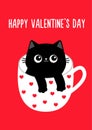 Happy Valentines Day. Cat in tea coffee cup. Red heart. Paws hand. Black kitten. Cute cartoon funny baby animal pet character.