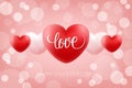 Happy Valentines Day celebrate background with handwritten word Love and realistic hearts. 14 february holiday greetings.