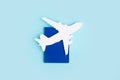 Toy airplane on blue table with red heart Royalty Free Stock Photo