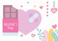 Happy valentines day, chocolate bar and broken heart bandage aid hearts leaves decoration