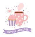 Happy valentines day, chocolate cup and sweet cupcake hearts