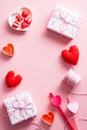 Happy Valentines Day concept. Vertical banner with gifts, hearts, sweets on pink background Royalty Free Stock Photo