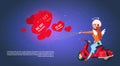 Happy Valentines Day Concept Woman Cupid Riding Retro Motor Bike Holding Heart Shaped Air Balloons