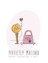 Happy Valentines day creative vector greeting card with cute character in line art style. Love poster with lock and key