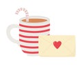 Happy valentines day, cup chocolate with candy cane and envelope letter love